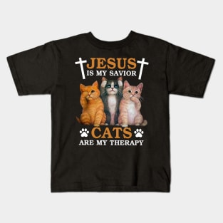 Jesus Is My Savior Cats Are My Therapy Kids T-Shirt